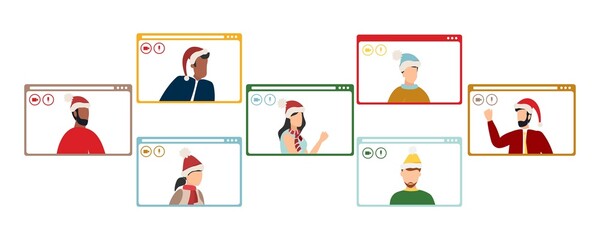 WebPeople wishing Merry Christmas and Happy New Year, celebrating holiday and giving gifts via video call or web conference in 2022. Flat vector illustration for web, banner, poster