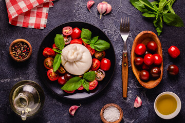 Tasty delicious burrata cheese with fresh tomatoes