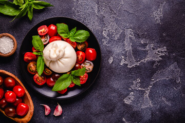 Tasty delicious burrata cheese with fresh tomatoes