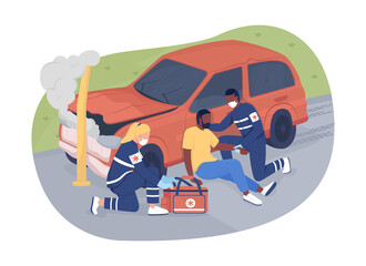Emergency medical service 2D vector isolated illustration. Paramedics providing immediate medical treatment flat characters on cartoon background. Emergency personnel. Accident on road colourful scene
