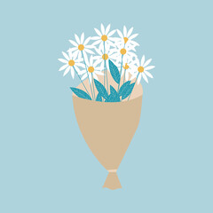 Bouquet of beautiful camomiles flowers. Bouquet of daisies vector. Daisies are wonderful summer flowers. Associations with ease and prostate. Vector illustration.
