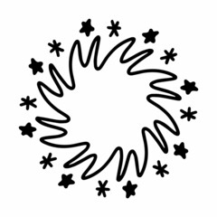 Vector doodle circular mandala curls pattern frame with stars. Decorative ornament in ethnic oriental style for greeting card. Adult and kids coloring book page isolated on white background icon.