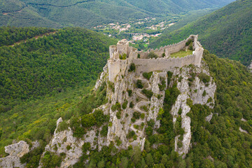 Aerial shot of medieval castle in France