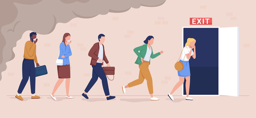 Office workers evacuation from building flat color vector illustration. Building occupants follows escape route. People leaving facility 2D cartoon characters with emergency exit sign on background