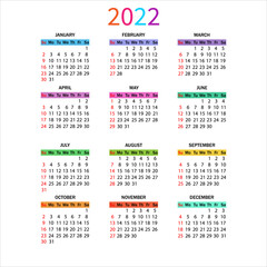 Calendar 2022 year. Week starts on Sunday. Simple colorful year template of pocket , wall calendar,desk calendar,planner diary.Vector illustration.Black numbers on white background.