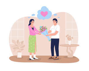 Expressing deep love 2D vector isolated illustration. Showing romantic feelings. Young man confessing love to girl flat characters on cartoon background. Congratulate on birthday colourful scene