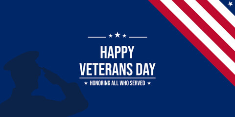 Vector Happy Veterans Day Greetings. Respect all who serve. With star, American flag and army silhouette elements. We are proud.
