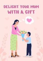 Delight mom with gift poster flat vector template. Presenting floral bouquet. Brochure, booklet one page concept design with cartoon characters. Mother birthday flyer, leaflet with copy space