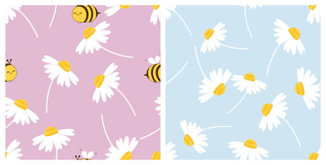 Seamless patterns with daisies and bee cartoons on purple  and blue backgrounds vector.