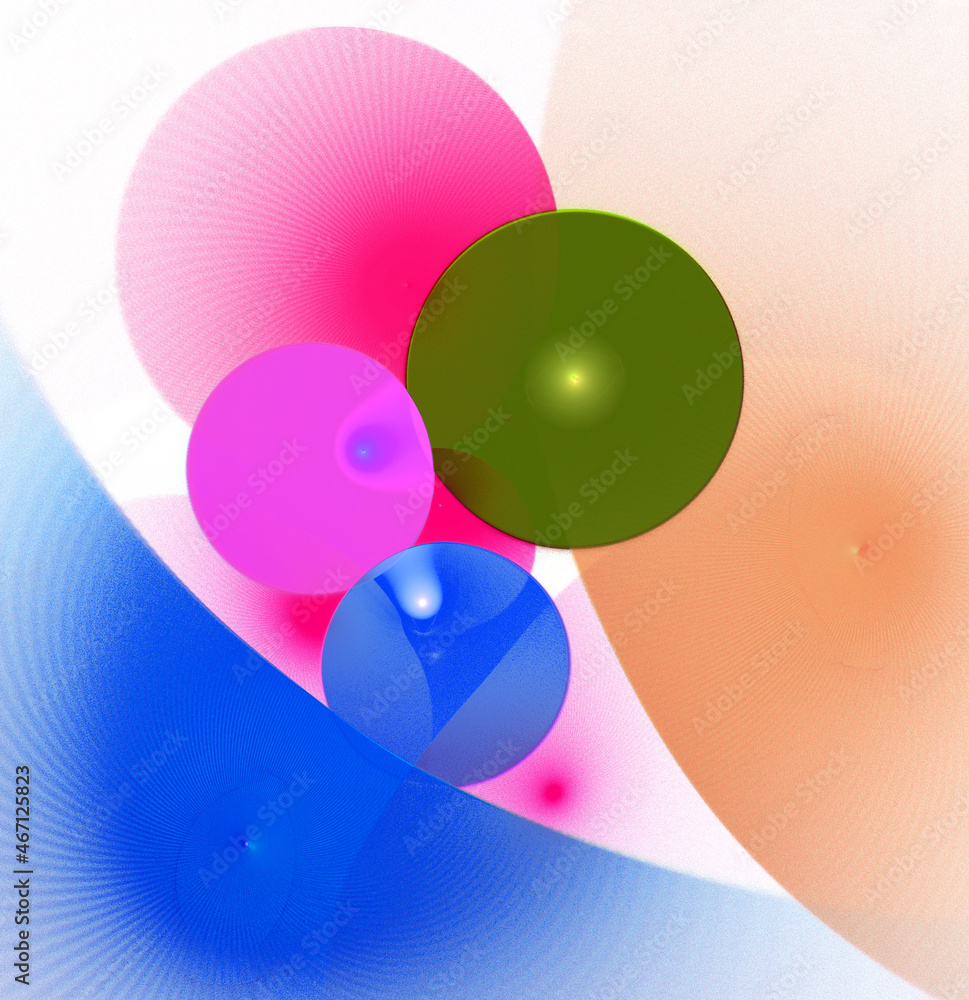 Poster bright festive transparent balloons are illuminated. abstract fractal background with round balloons