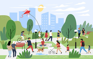 People at park walk leisure outdoor summer time. Cartoon vector characters - obrazy, fototapety, plakaty