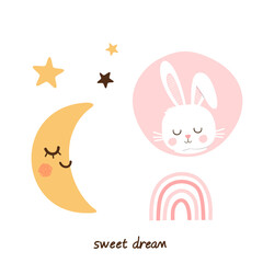 Sleeping bunny, moon, stars and rainbows on white background vector. Cute childish print.
