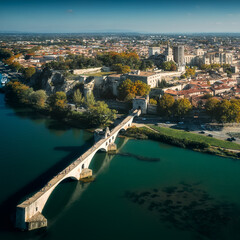 Aerial view of the old city Avignon, Le Pont Saint Benezet and Palais des Papes in Avignon, France