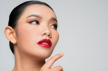 Fototapeta premium Portrait of Beautiful Asian woman skin care healthy hair and skin close up face beauty
