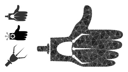 lowpoly artificial hand icon, and other icons. Polygonal artificial hand vector is filled from random triangles. Flat geometric polygonal symbol is created from artificial hand icon.