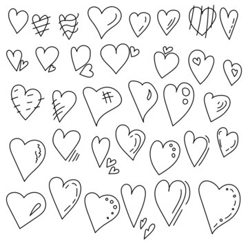 set of outline hearts in doodle style, design elements for Valentines day