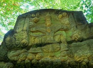 Relief Altar of Holy Trinity sculpted to the sandstone rock in 1740 by joiner Franz Schier in beech...