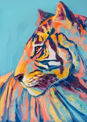  Beautiful wild tiger head portrait painting Illustration on a blue background. Animal painting for decoration and interior, canvas art. symbol of the new 2022 Black Water Tiger.  © Mari Dein