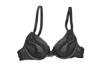 Bra isolated. Closeup of beautiful female stylish black bra with laces and straps isolated on a...