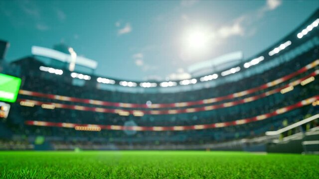 empty stadium arena with animated fans crowd in the sunny day lights. waving flags around. High quality 4k footage render