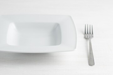 An empty white plate with a fork. Light background