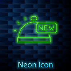 Glowing neon line Covered with a tray of food icon isolated on brick wall background. Tray and lid sign. Restaurant cloche with lid. Vector