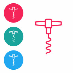 Red line Wine corkscrew icon isolated on white background. Set icons in circle buttons. Vector