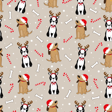 Cute dogs in antler and Santa hat, with bone and candy cane. Good for textile print, wrapping paper, cover, and backround for Christmas.