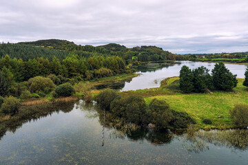 aerial view of cloudy lough money Northern Ireland countryside