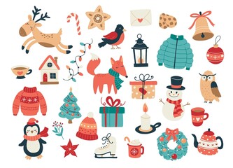Christmas and New Year collection of cute animals and seasonal elements. Isolated a white background. Hand drawn vector illustration