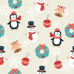 Christmas pattern with snowmans, penguins, bells and wreaths. Festive background with hand drawn elements, vector illustration