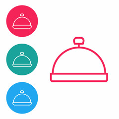 Red line Covered with a tray of food icon isolated on white background. Tray and lid sign. Restaurant cloche with lid. Set icons in circle buttons. Vector