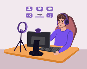 video game streamer Vector Illustration. E-sport gamer live streaming online videogame play and viewer with computer. E-sports streaming, live game show, online streaming business concept.