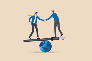 Diplomacy, world agreement or treaty between countries, global partnership, politics or world peace contract signing concept, businessman world leader handshake on fountain pen seesaw on world globe. - obrazy, fototapety, plakaty