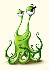 Funny cartoon green monster with tentacles