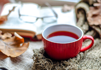 Autumn atmosphere. A red mug with tea, autumn leaves, a knitted scarf on the background of a book...