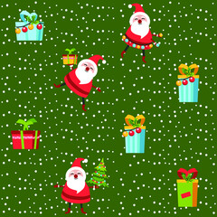 Santa toy pattern, Christmas tree and other holiday details. Childish hand-drawn scandinavian style. 