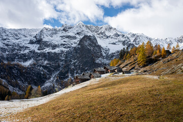 Fototapeta na wymiar Alpine landscape with traditional wooden houses. Seasonal autumnal scenery in highlands with the first snow of the season. Landscape of the Italian Alps in Piedmont. Otro Valley, Valsesia. 