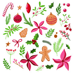 Christmas collection of seasonal elements with Poinsettia, ginger cookies, green leafs in flat style 