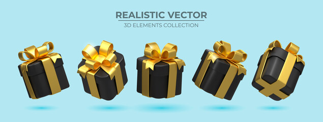Set of Realistic 3d black gift box with golden ribbons isolated on a blue background 3d render flying modern holiday surprise box. Festive decorative 3d render object Realistic vector decor - 467130023