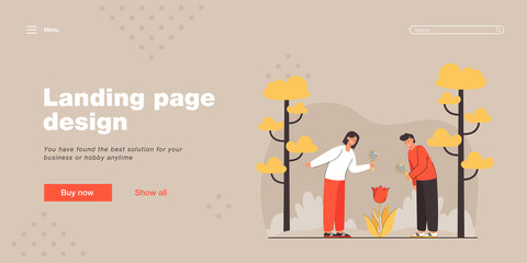 Cartoon students looking at flower through magnifying glass. Cute boy and girl watching plant, young biologists flat vector illustration. Biology, nature, outdoor activity concept for banner