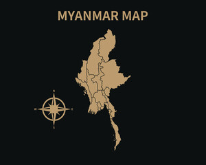 Detailed Old Vintage Map of Myanmar with compass and Region Border isolated on Dark background, Vector Illustration EPS 10
