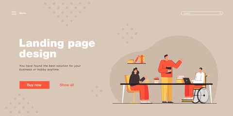 Male student in wheelchair attending lesson at school. Group of people having conversation, working together. Teacher standing and explaining new material. Inclusion, meeting, education concept