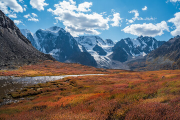 Wonderful alpine landscape with mountain river in valley in autumn colors on background of snowy mountains silhouettes under blue cloudy sky. Beautiful mountain valley in autumn.