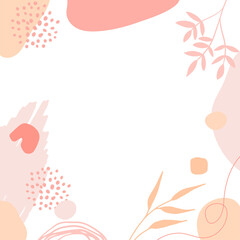 Fototapeta na wymiar Organic pink brown tan nude floral abstract shapes background with hand drawn texture, brush, leave and minimalist style. Abstract minimal hand drawn background.