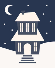 christmas night - cozy house. Snow backdrop house illustration. eps 10 vector