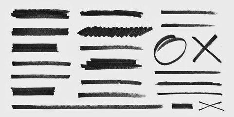 Realistic Rough Black Marker Brush Ink Line Stroke Set Isolated Collection. Grunge Paper Texture. - obrazy, fototapety, plakaty
