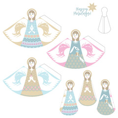 Template for 3D cut out figures of angels with a candle and lamp. Happy Holidays!