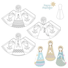 Template for 3D cut out figures of angels with a candle and lamp Happy Holidays! Coloring page.