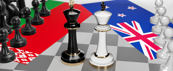 Belarus and New Zealand - talks, debate, dialog or a confrontation between those two countries shown as two chess kings with flags that symbolize art of meetings and negotiations, 3d illustration